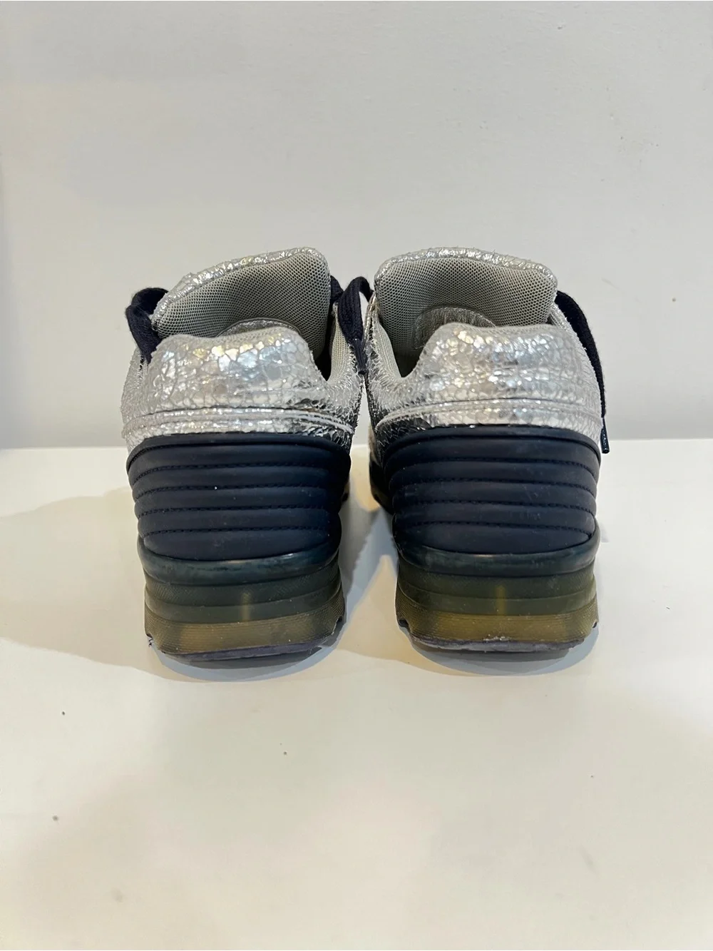 CHANEL Silver Metallic Kids Lace-Up Sneakers with Black Laces